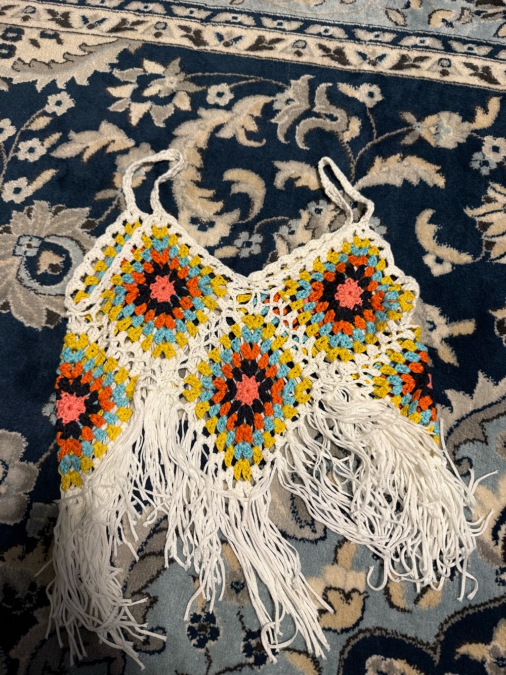 Crocheted Fringe Crop Top with Multi-Color Squares